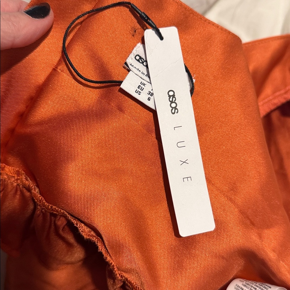 Asos Luxe Satin Babydoll Blouse Ruffle Blouson Sleeve Cinnamon Long Size 6 NWT - Picture 10 of 12